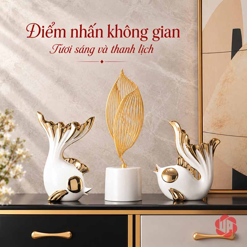 Tượng Decor Đôi Cá Trắng Vàng Và Ngọn Lửa UPS034 Bộ đôi cá và ngọn lửa đặt trên tủ dưới tranh