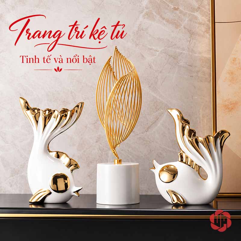 Tượng Decor Đôi Cá Trắng Vàng Và Ngọn Lửa UPS034 Bộ đôi cá và ngọn lửa trước nền tường sáng