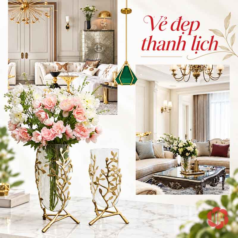 Lọ Hoa Thủy Tinh Mạ Vàng Họa Tiết Cành Lá UPT10 Cặp lọ thủy tinh cao thấp trang trí không gian phòng khách