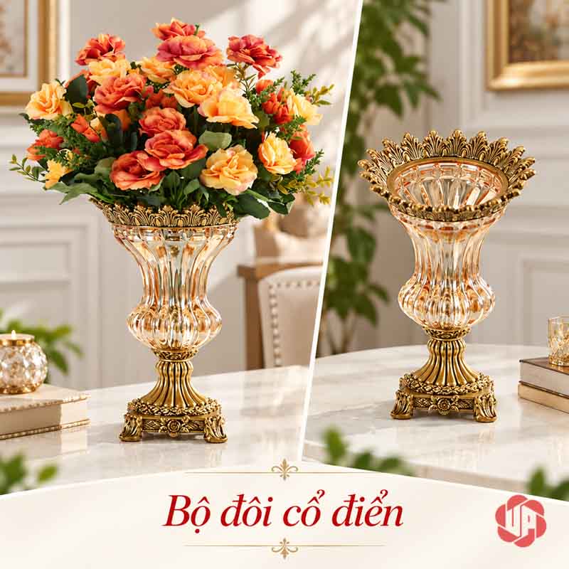 Lọ Hoa Thủy Tinh Tân Cổ Điển Viền Vàng UPT13 hai lọ hoa đặt cạnh nhau của lọ hoa thủy tinh tân cổ điển UPT13
