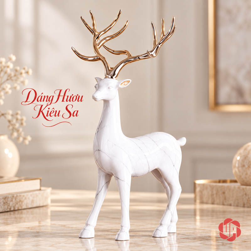 Bộ Đồng Hồ Trang Trí Cao Cấp Và Đôi Hươu Vân Đá UPHB22 Hươu đứng trắng vân xám với cặp sừng ánh vàng vươn cao