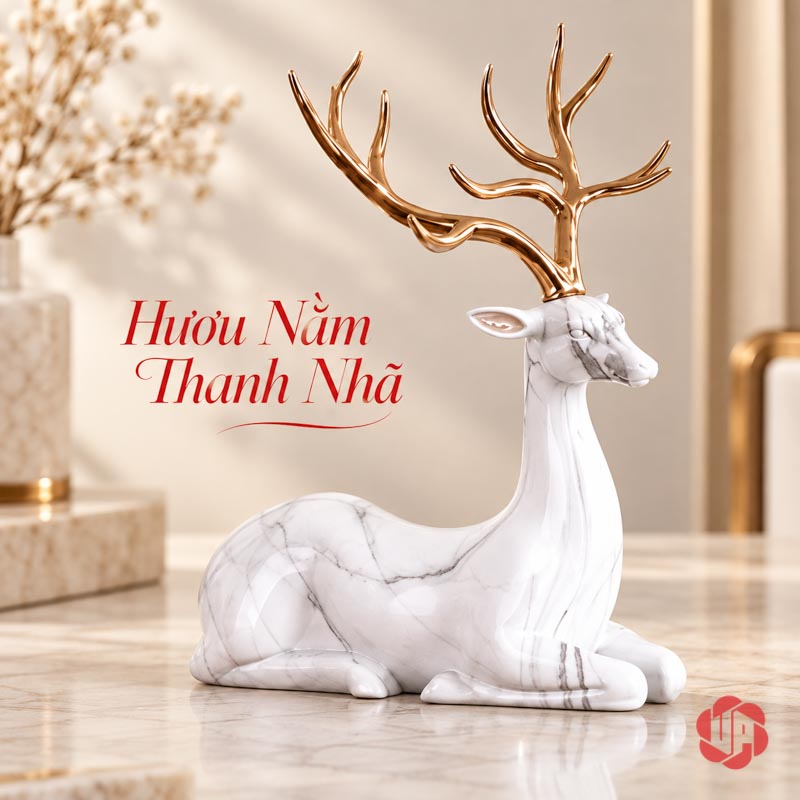 Bộ Đồng Hồ Trang Trí Cao Cấp Và Đôi Hươu Vân Đá UPHB22 Hươu nằm thân trắng vân xám với sừng ánh vàng
