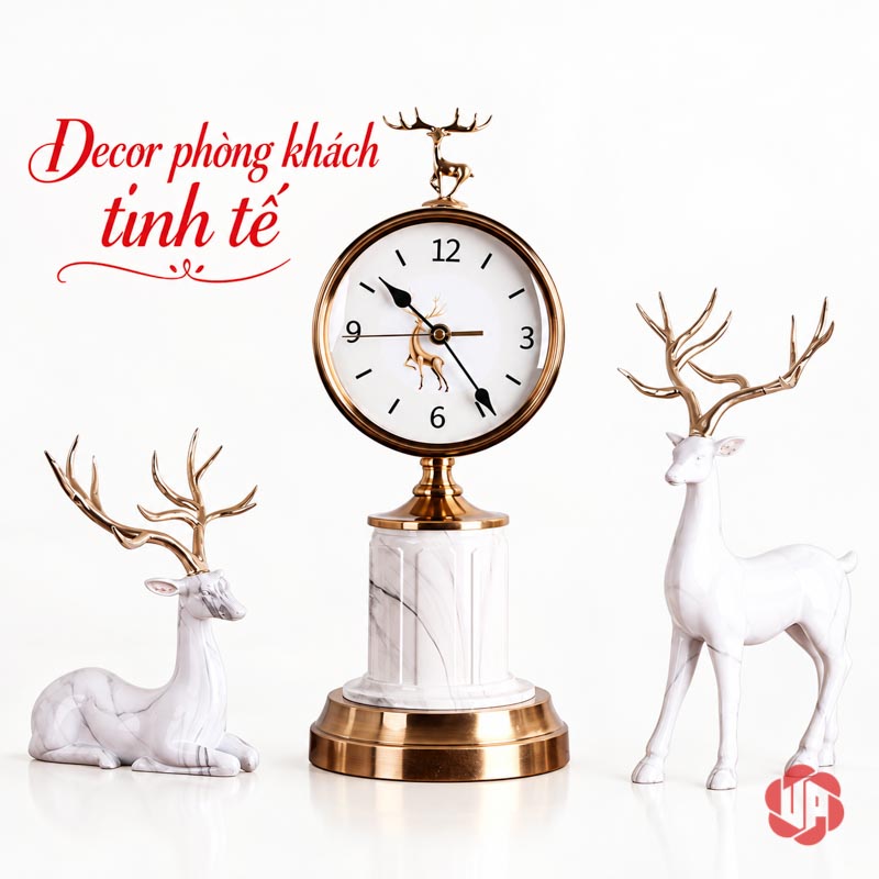 Bộ Đồng Hồ Trang Trí Cao Cấp Và Đôi Hươu Vân Đá UPHB22 Bộ đồng hồ cùng hươu đứng và hươu nằm trên nền sáng