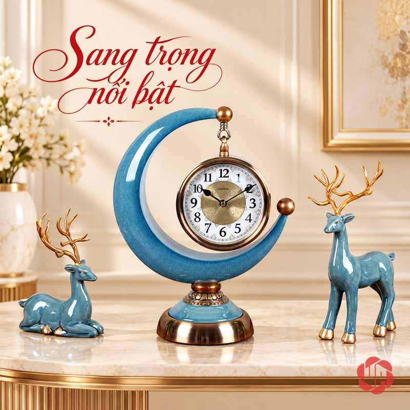 Bộ Đồng Hồ Để Bàn Mặt Trăng Và Đôi Hươu Xanh UPHB09 Bộ đồng hồ mặt trăng và đôi hươu xanh trên tủ tông sáng