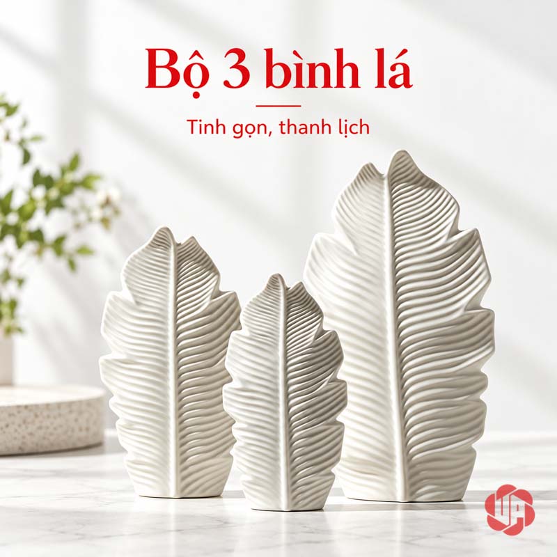 Bộ 3 Lọ Hoa Gốm Sứ Hình Lá Trang Trí Bắc Âu UP080 Bộ ba lọ hoa hình lá trắng chụp chính diện trên nền sáng