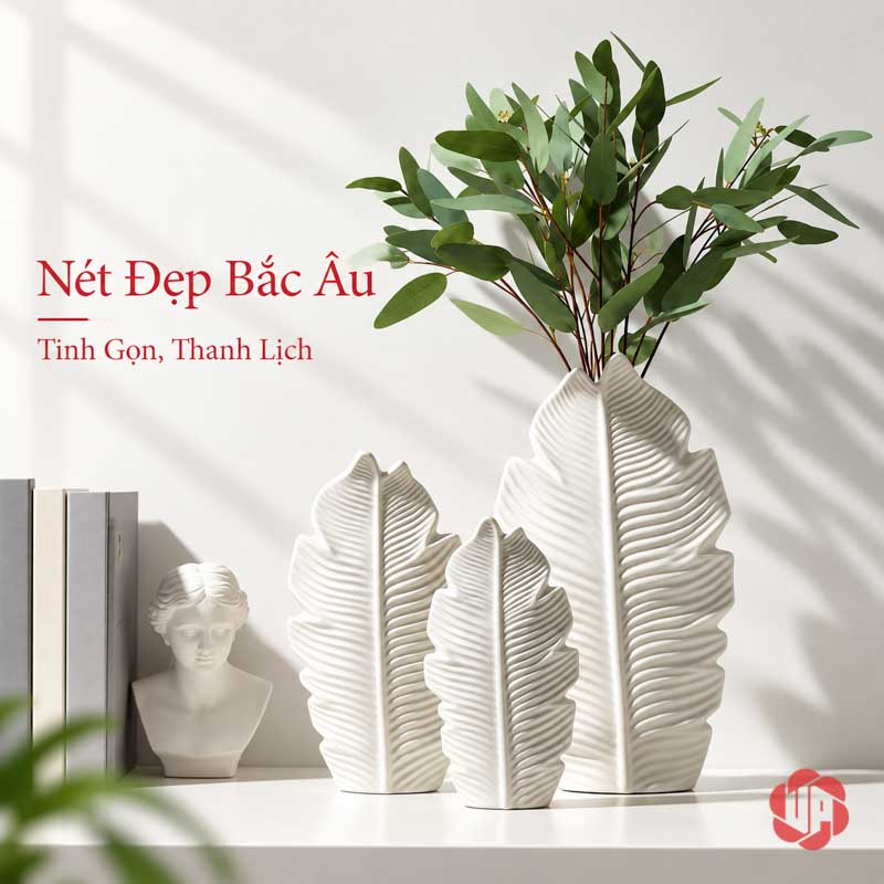 Bộ Lọ Hoa Lá Decor Gốm Sứ Trắng Phong Cách Bắc Âu UP080 Chi tiết các đường gân nổi trên ba bình gốm sứ trắng hình lá UP080