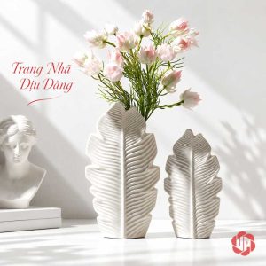 Bộ lọ hoa lá decor trắng UP080 cắm cành hoa hồng nhạt trang trí phòng khách