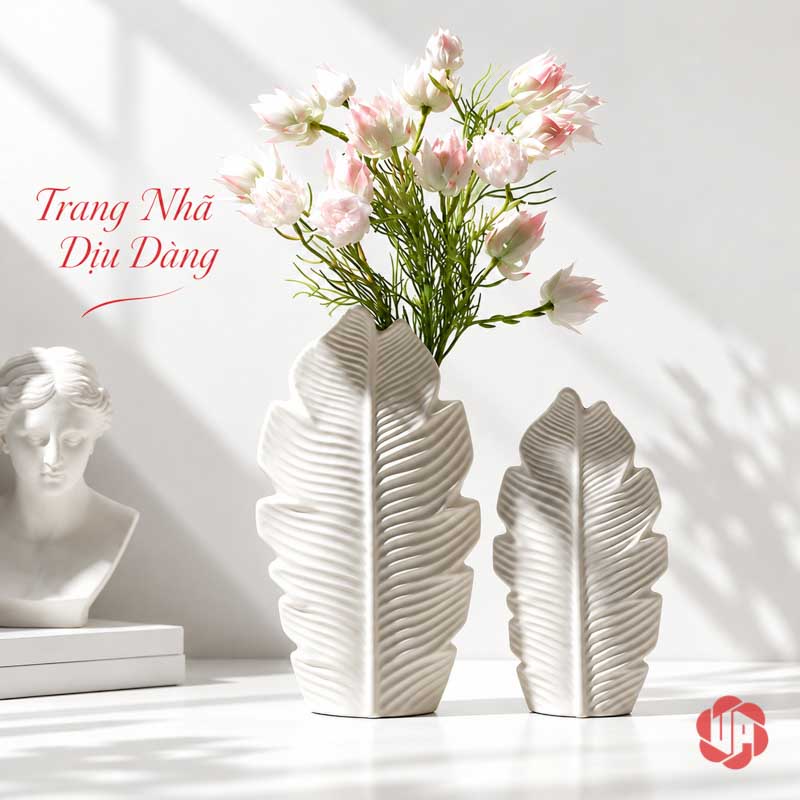 Bộ Lọ Hoa Lá Decor Gốm Sứ Trắng Phong Cách Bắc Âu UP080 Bộ lọ hoa lá decor trắng UP080 cắm cành hoa hồng nhạt trang trí phòng khách
