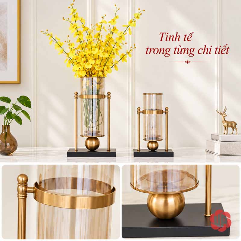 Lọ Hoa Thủy Tinh Cao Cấp Khung Vàng Hiện Đại UPT08 Bộ ảnh tổng hợp dáng lọ, miệng lọ và chân đế ánh vàng