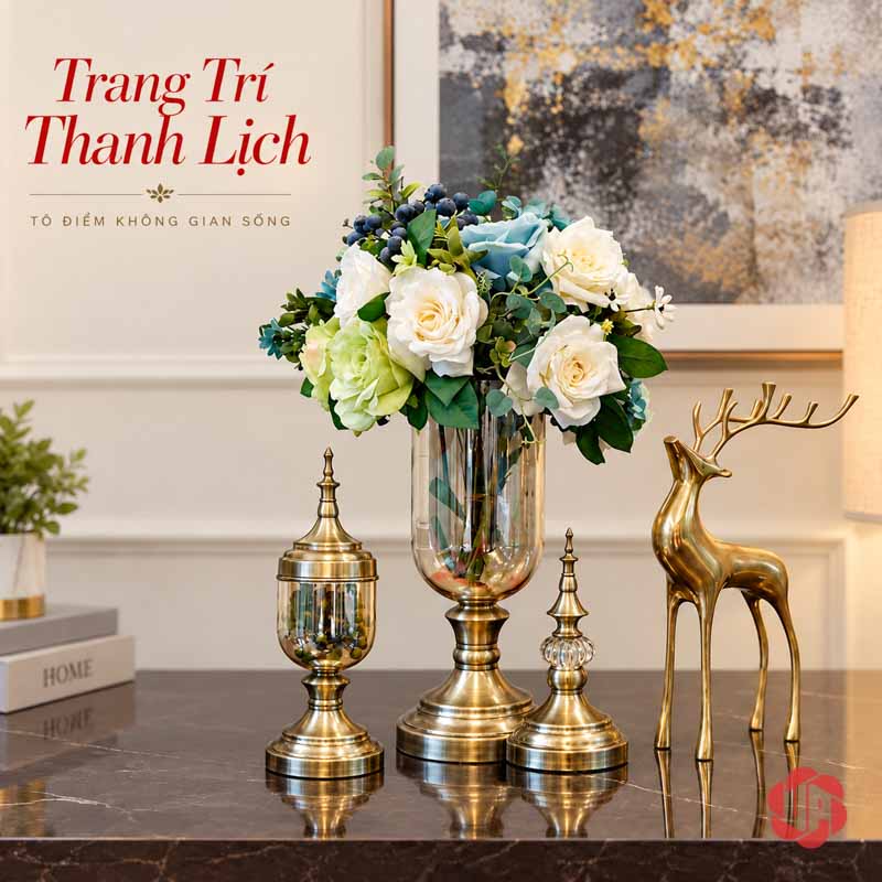 Bộ Lọ Hoa Thủy Tinh Tân Cổ Điển Trang Trí Phòng Khách UPT02 Lọ thủy tinh chân kim loại có hoa xanh kem, bên cạnh bình trang trí và tượng hươu trên kệ