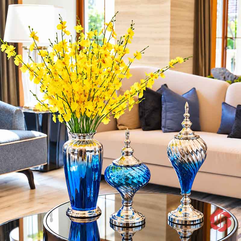 Bộ Lọ Hoa Thủy Tinh Xanh Bạc Tân Cổ Điển UPT09 Bộ ba lọ hoa thủy tinh xanh phối bạc không có chữ quảng cáo