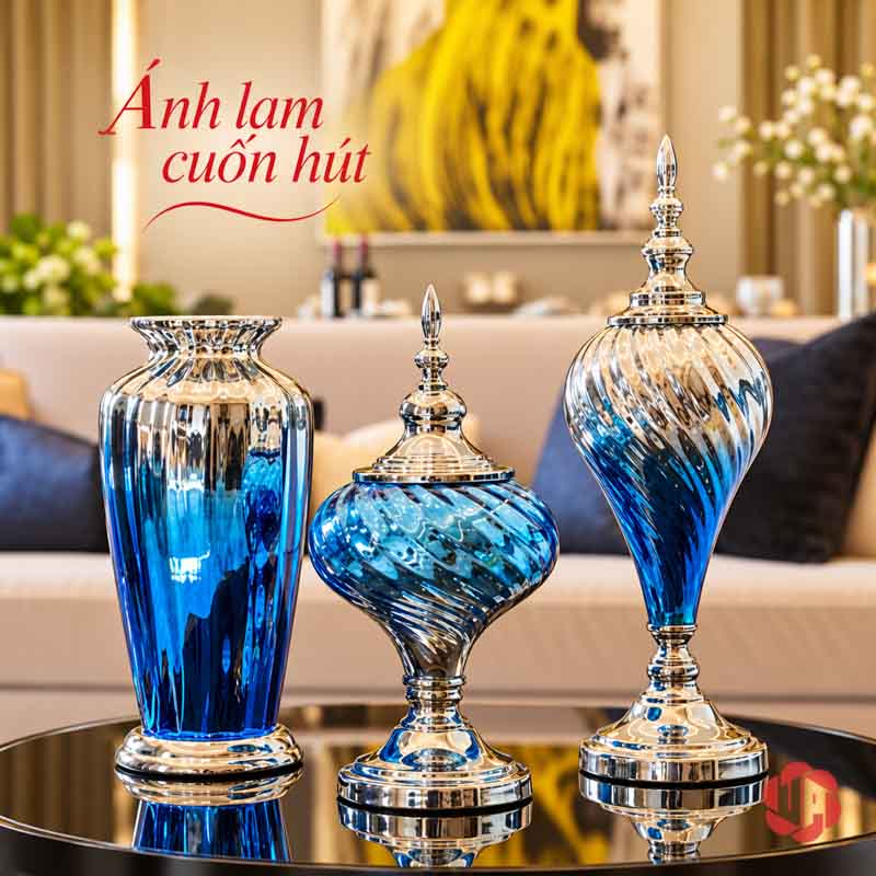 Bộ Lọ Hoa Thủy Tinh Xanh Bạc Tân Cổ Điển UPT09 Ba lọ hoa xanh bạc nhiều dáng trang trí nội thất phòng khách