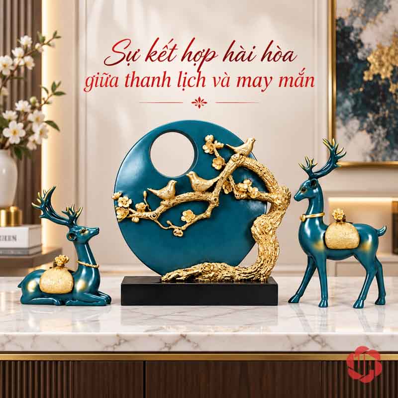 Bộ Tượng Hươu Và Đàn Chim Trang Trí Phòng Khách UPV008 Bộ ba tượng hươu và đàn chim đặt trên mặt kệ đá sáng bên cạnh bình hoa và tranh treo tường