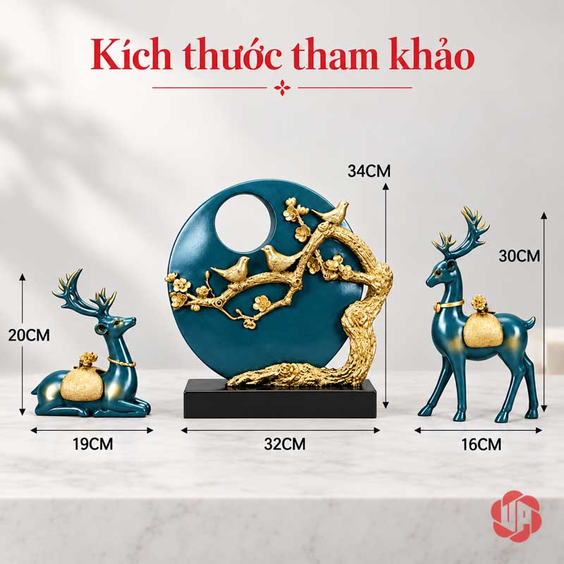 Bộ Tượng Hươu Và Đàn Chim Trang Trí Phòng Khách UPV008 Ảnh kích thước hươu nằm 19 x 20 cm, tượng tròn đàn chim 32 x 34 cm và hươu đứng 16 x 30 cm