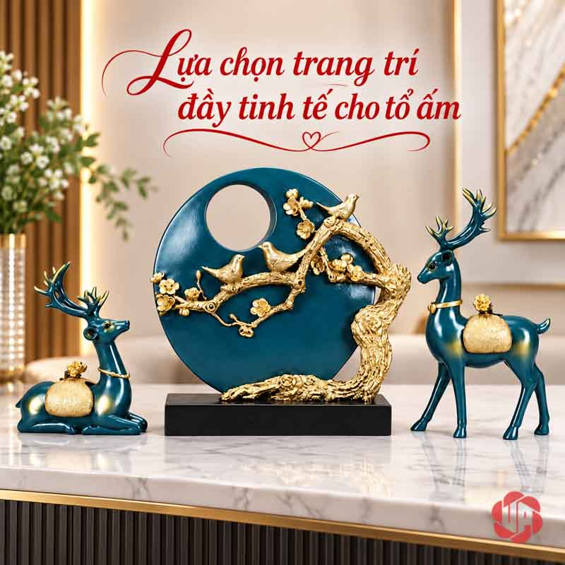 Bộ Tượng Hươu Và Đàn Chim Trang Trí Phòng Khách UPV008 Tượng hươu nằm bên trái, tượng tròn chim ở giữa, hươu đứng bên phải trên bàn console mặt đá