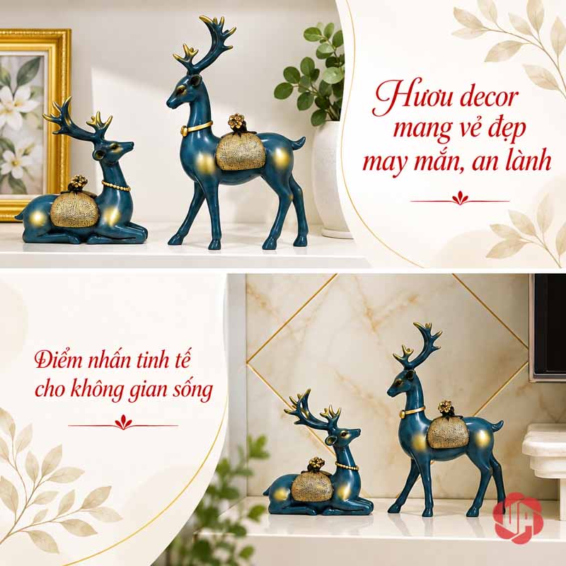 Bộ Tượng Hươu Và Đàn Chim Trang Trí Phòng Khách UPV008 Ảnh ghép hai góc bài trí đôi tượng hươu xanh phối vàng trên kệ và trong hốc tường trang trí