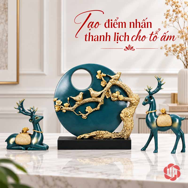 Bộ Tượng Hươu Và Đàn Chim Trang Trí Phòng Khách UPV008 Bộ ba tượng đôi hươu và đàn chim trên mặt kệ sáng cạnh bình hoa khô trang trí