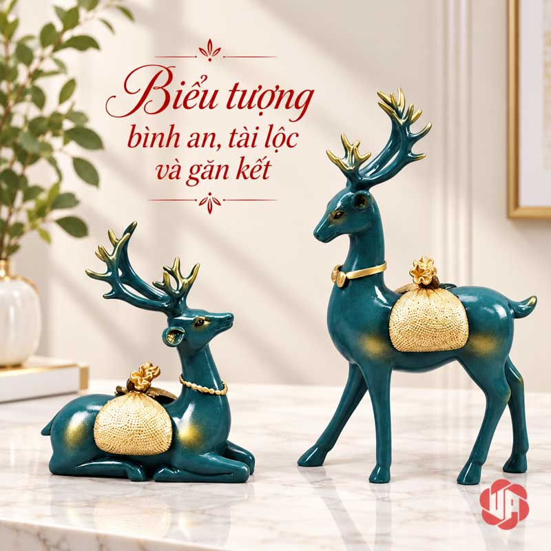 Bộ Tượng Hươu Và Đàn Chim Trang Trí Phòng Khách UPV008 Hai tượng hươu xanh phối vàng gồm một con đứng và một con nằm, mỗi con mang túi vàng trên lưng