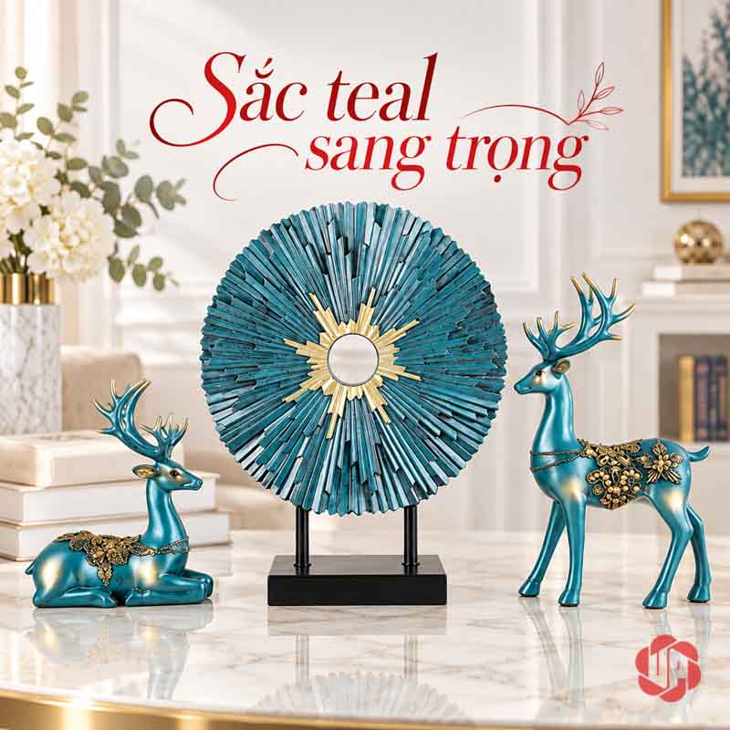 Bộ Tượng Hươu Và Hoa Mặt Trời Trang Trí Phòng Khách UPV014 Đôi tượng hươu xanh cổ vịt và đĩa hoa mặt trời hình tròn trên bàn đá sáng cạnh ghế sofa