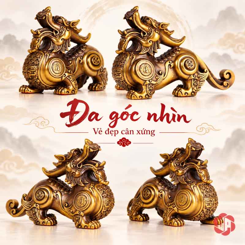 Cặp Tượng Tỳ Hưu Phong Thủy Bằng Đồng UPD002 Ảnh tổng hợp nhiều góc nhìn của hai tượng tỳ hưu vàng đồng