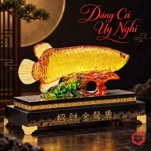 Cá rồng vàng nhìn chéo trên mặt bàn tối