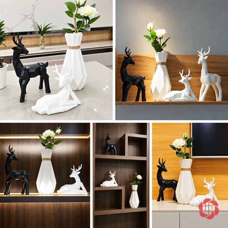 Bộ Tượng Hươu Decor Và Bình Hoa Sứ 3 Món Trang Trí Phòng Khách BG036 Ảnh ghép nhiều cách trang trí tượng hươu hình học và bình hoa trắng trên bàn, kệ gỗ và tủ trưng bày.