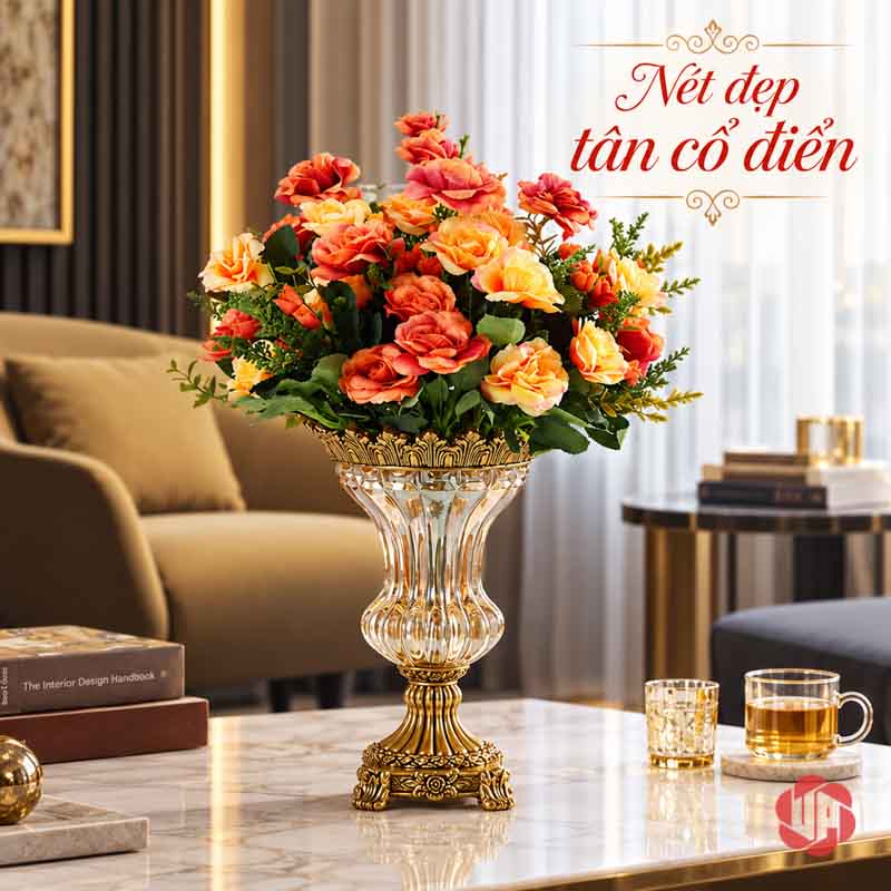 Lọ Hoa Thủy Tinh Tân Cổ Điển Viền Vàng UPT13 lọ cắm hoa đỏ cam của lọ hoa thủy tinh tân cổ điển UPT13
