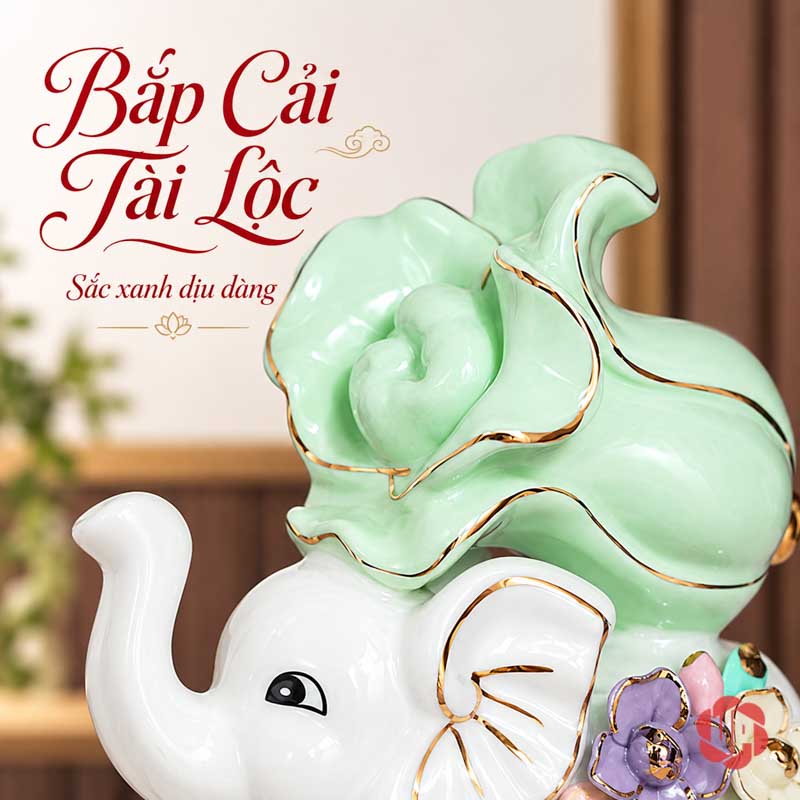 Tượng Trang Trí Đôi Voi Tài Lộc Hồ Lô Và Bắp Cải UPS033 Cận cảnh bắp cải xanh trên lưng voi trắng