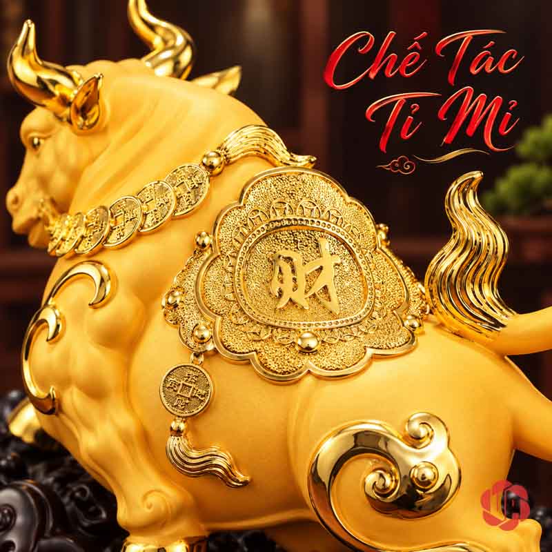 Tượng Phong Thủy Trâu Vàng Thịnh Vượng UPV083 Cận cảnh chữ Tài trên phần lưng tượng trâu