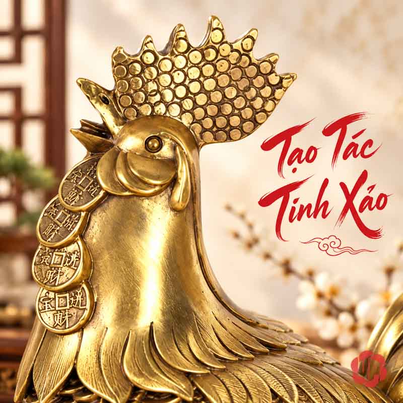 Tượng Con Gà Trống Tài Lộc Bằng Đồng UPD023 Cận cảnh đầu mào và chuỗi tiền trên cổ gà trống