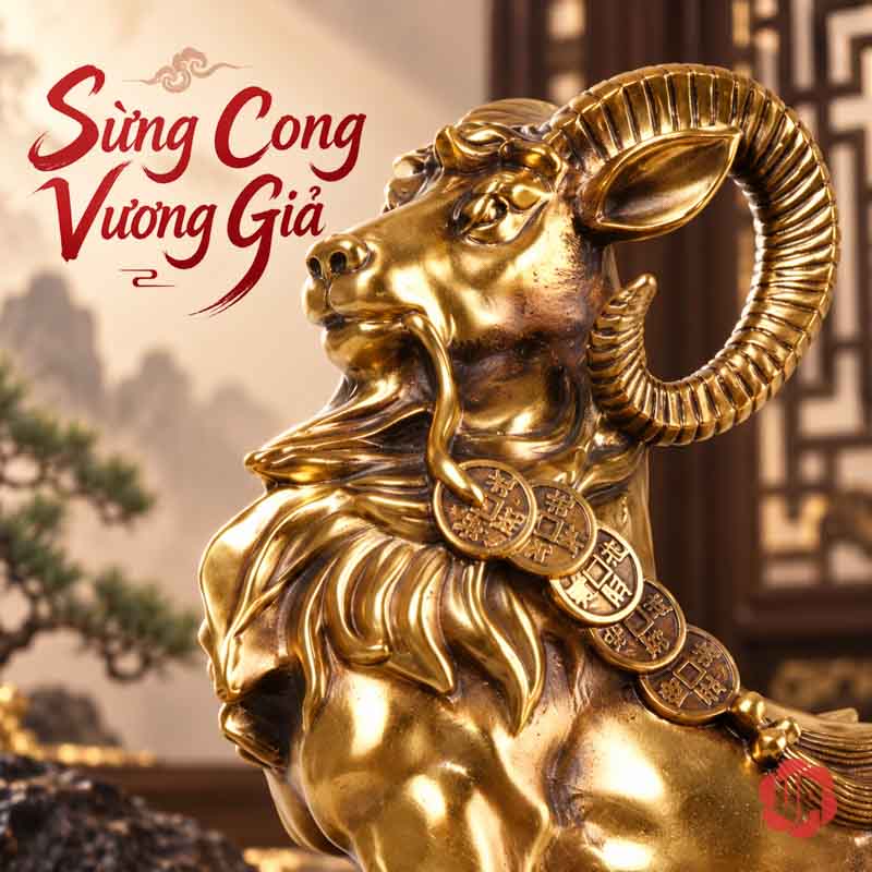 Tượng Con Dê Phong Thủy Bằng Đồng Ngậm Xâu Tiền UPD017 Cận cảnh đầu sừng và xâu tiền trên tượng dê