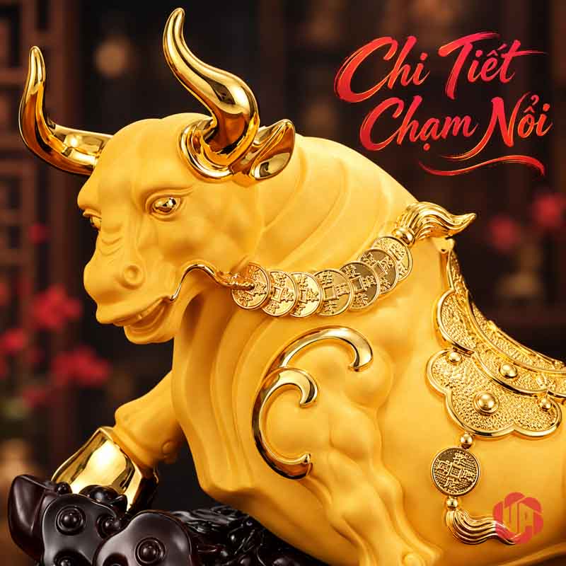 Tượng Phong Thủy Trâu Vàng Thịnh Vượng UPV083 Cận cảnh đầu trâu vàng và chuỗi đồng tiền trên cổ