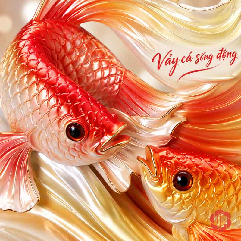 Tượng Trang Trí Phong Thủy Đôi Cá Koi May Mắn UPV081 Cận cảnh đầu và vảy hai cá Koi đỏ vàng