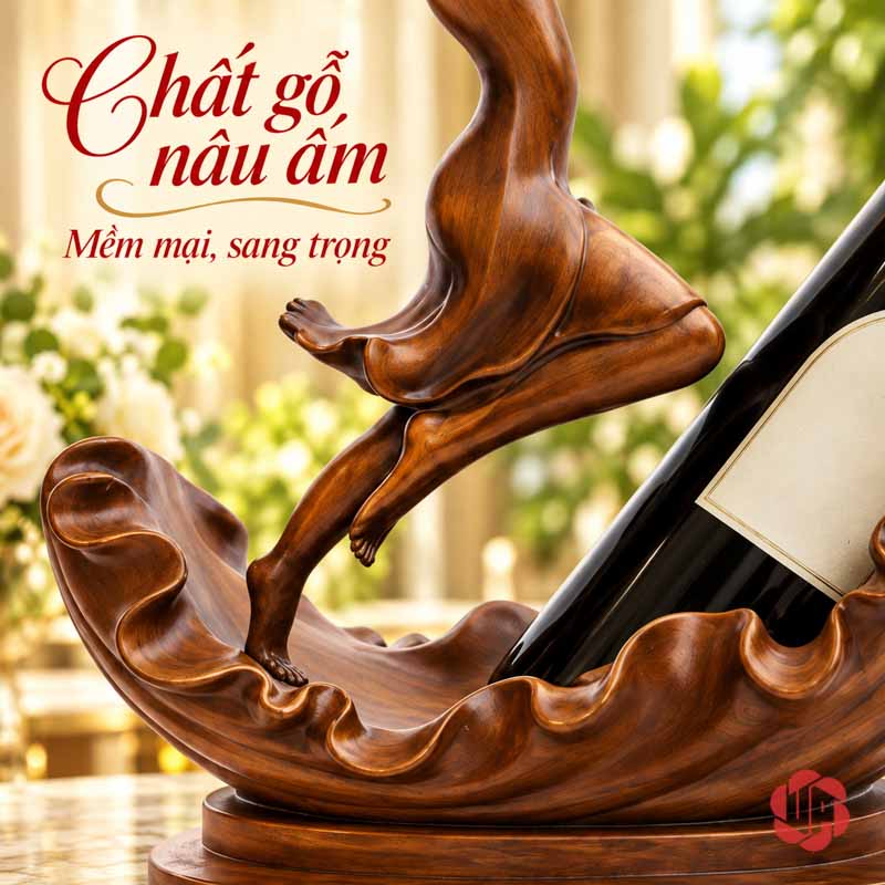 Kệ Rượu Vang Thiếu Nữ Múa Nghệ Thuật Màu Gỗ UP009R Cận cảnh đế và nếp khay sóng của kệ rượu vang thiếu nữ màu nâu