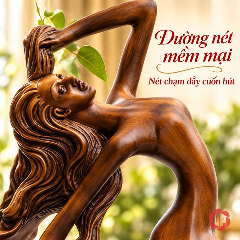 Kệ Rượu Vang Thiếu Nữ Múa Nghệ Thuật Màu Gỗ UP009R Cận cảnh gương mặt và mái tóc tạo hình của kệ rượu vang thiếu nữ nghệ thuật