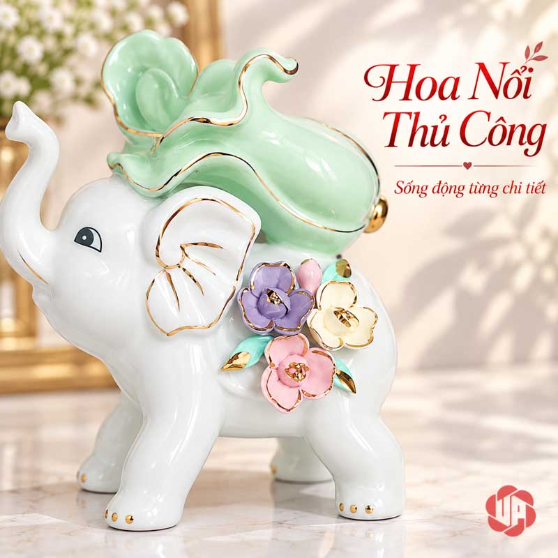 Tượng Trang Trí Đôi Voi Tài Lộc Hồ Lô Và Bắp Cải UPS033 Cận cảnh hoa hồng tím vàng trên thân voi gốm sứ