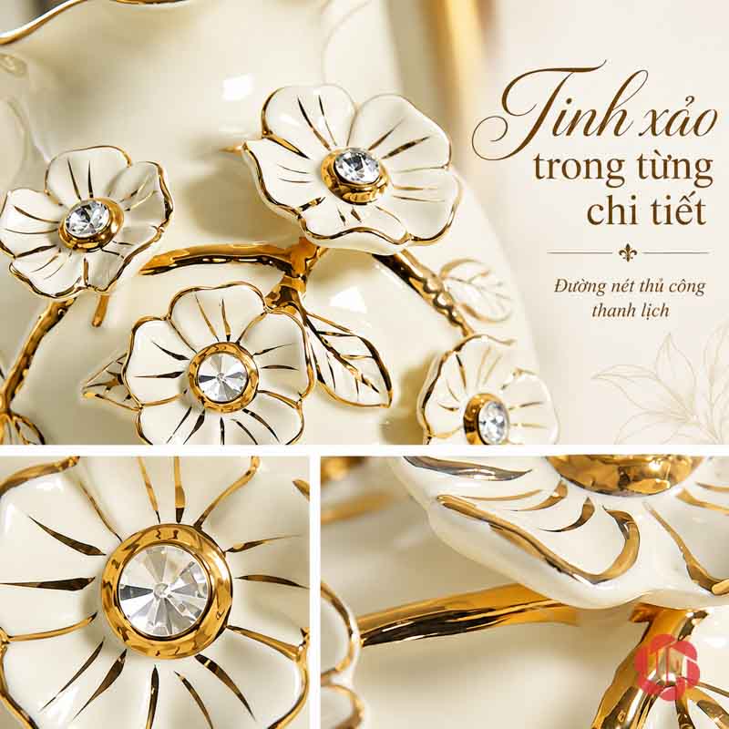 Bình Hoa Gốm Sứ Đắp Nổi Hoa Trắng Vàng Cao Cấp UP065 Ảnh ghép chi tiết hoa đắp nổi viền vàng và nhụy trang trí trên bình sứ