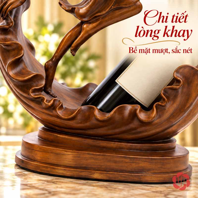 Kệ Rượu Vang Thiếu Nữ Múa Nghệ Thuật Màu Gỗ UP009R Cận cảnh lòng khay và bệ tròn kệ rượu vang thiếu nữ màu nâu giả gỗ