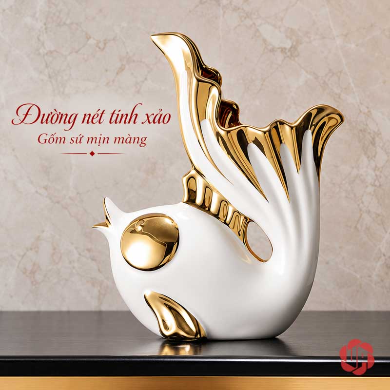 Tượng Decor Đôi Cá Trắng Vàng Và Ngọn Lửa UPS034 Cận cảnh tượng cá thấp với đuôi xòe trắng vàng