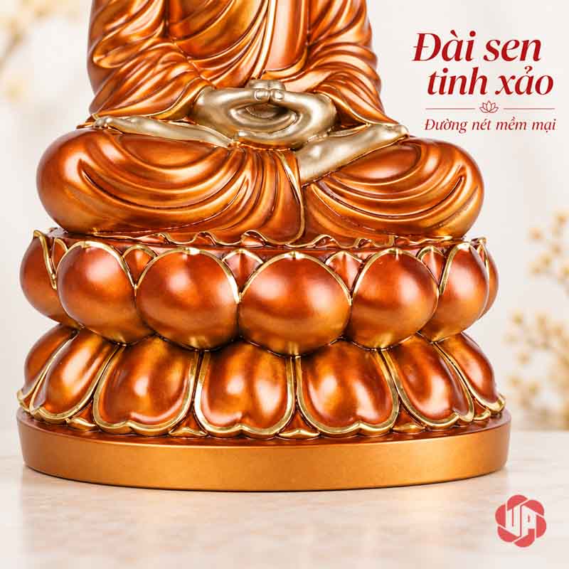 Tượng Phật Tổ Như Lai Ngồi Thiền Sắc Đồng UPD009 Cận cảnh hai tầng cánh sen màu đồng đỏ viền vàng của tượng Phật Tổ Như Lai