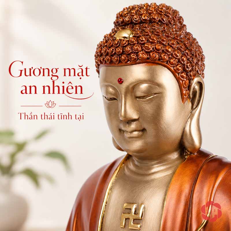 Tượng Phật Tổ Như Lai Ngồi Thiền Sắc Đồng UPD009 Cận cảnh gương mặt Phật Thích Ca với mắt khép hờ, tóc xoăn và chấm đỏ trên trán