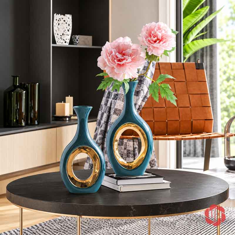 Cặp Bình Gốm Sứ Trang Trí Xanh Ngọc Vòng Tròn Ánh Kim UP060 Cặp bình trang trí xanh ngọc dáng cao thấp có vòng tròn ánh kim đặt trên bàn trà