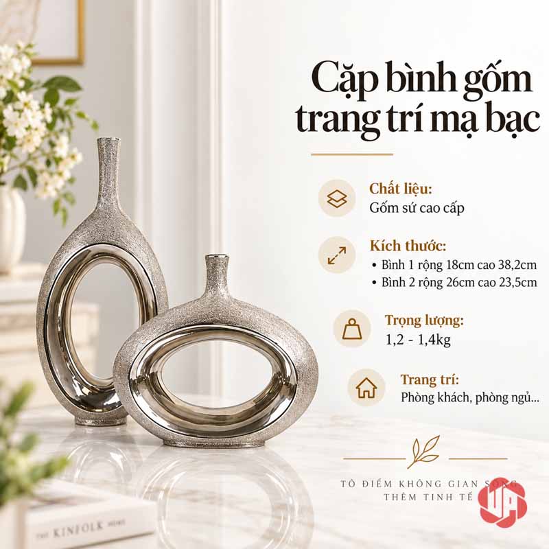 Cặp Bình Gốm Sứ Mạ Bạc Trang Trí Hiện Đại UP066 Ảnh thiết kế có ghi chú chất liệu kích thước minh họa bộ bình gốm mạ bạc