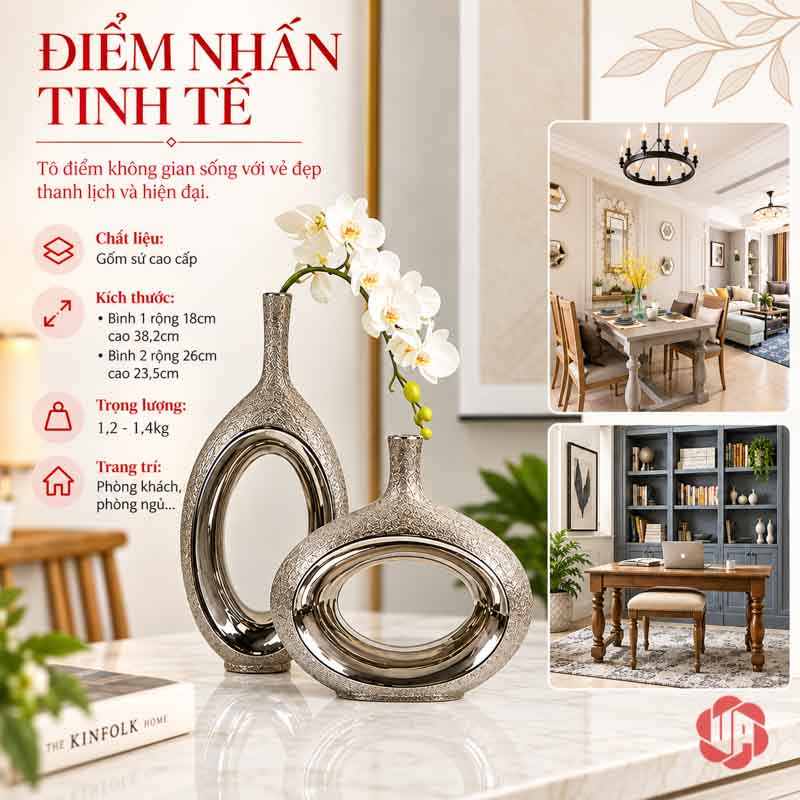 Cặp Bình Gốm Sứ Mạ Bạc Trang Trí Hiện Đại UP066 Ảnh giới thiệu cặp bình gốm sứ mạ bạc UP066 dáng cao thấp với hoa lan trắng
