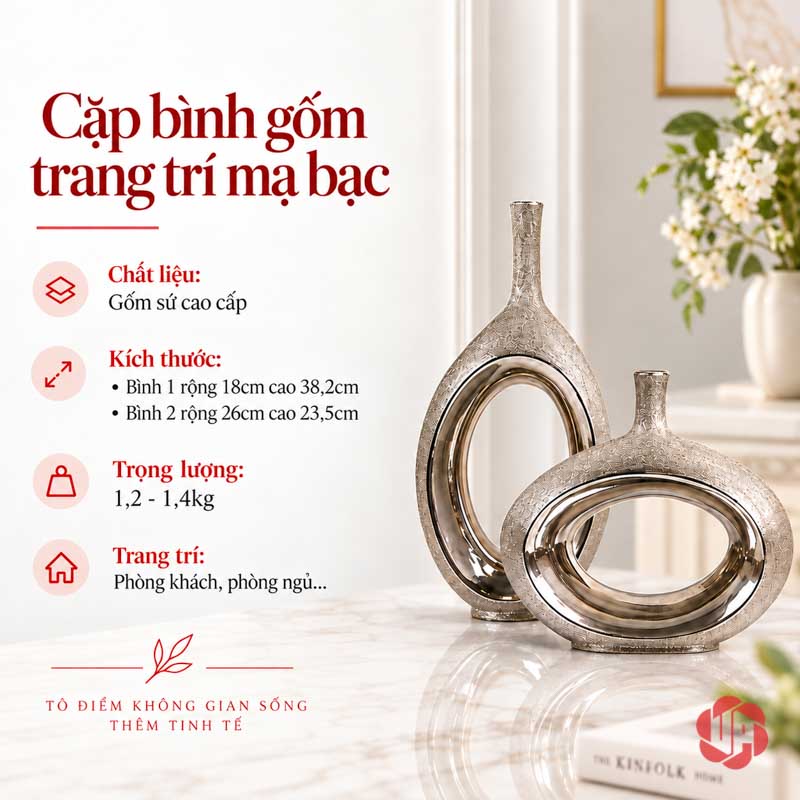 Cặp Bình Gốm Sứ Mạ Bạc Trang Trí Hiện Đại UP066 Ảnh thông tin và kích thước minh họa của cặp bình gốm sứ mạ bạc UP066