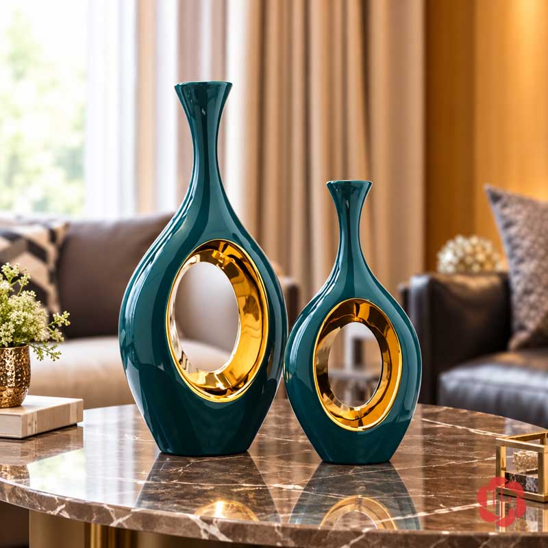 Cặp Bình Gốm Sứ Trang Trí Xanh Ngọc Vòng Tròn Ánh Kim UP060 Cặp bình trang trí xanh ngọc có vòng tròn vàng trong phòng khách trên bàn đá