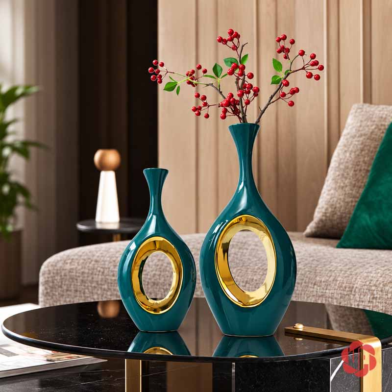 Cặp Bình Gốm Sứ Trang Trí Xanh Ngọc Vòng Tròn Ánh Kim UP060 Cặp bình gốm sứ trang trí xanh ngọc khoét vòng tròn vàng trên bàn trà phòng khách