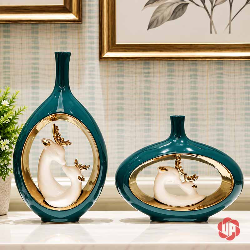 Cặp Bình Hoa Gốm Sứ Gia Đình Hươu Xanh Ngọc Cao Cấp UP068 Cặp bình hoa gốm sứ gia đình hươu xanh ngọc gồm bình cao và bình ngang trên mặt bàn