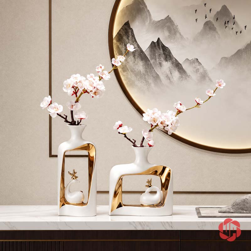 Cặp Bình Hoa Gốm Sứ Đôi Hươu Trắng Vàng UP068T Cặp bình gốm sứ đôi hươu trắng vàng cắm hoa trắng trước tranh tròn