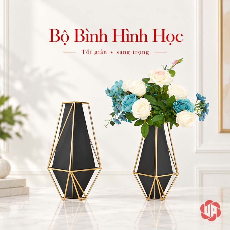 Bình Hoa Trang Trí Phòng Khách Kim Loại Đen Vàng Hình Học UP007 Cặp bình hoa trang trí đen vàng dáng hình học cao thấp đặt cạnh nhau